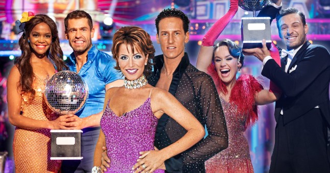 Strictly Come Dancing winners - Oti Mabuse and Kelvin Fletcher, Brendan Cole and Natasha Kaplinsky, and Ellie Leach and Vito Coppola. All stars look happy, and both Oti and Kelvin, and Ellie and Vito are proudly holding the glitterball trophy