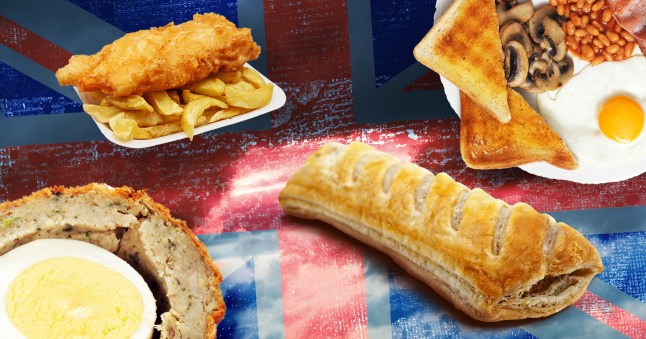 British flag with food on it, including sausage rolls, fish and chips, scotch eggs, etc.