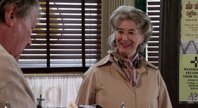 Maureen Lipman as Evelyn Plummer in Coronation Street, smiling.