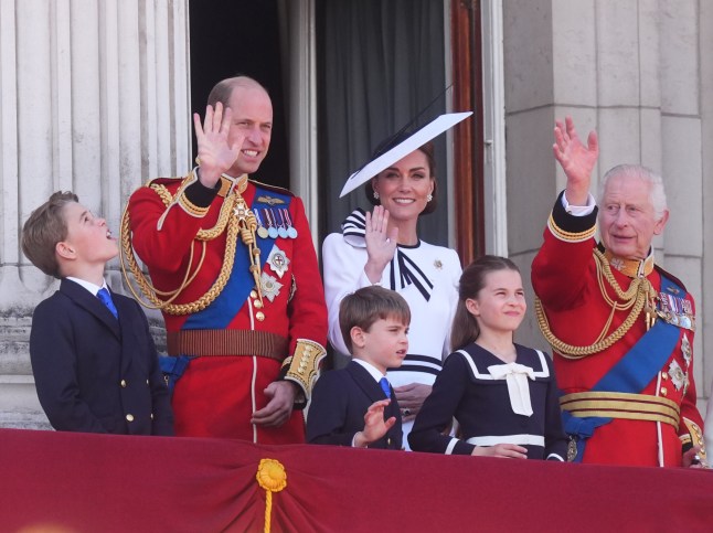 Prince George, the Prince of Wales, Prince Louis, the Princess of Wales, Princess Charlotte, King Charles III, Queen Camilla and the Duchess of Edinburgh on the balcony of Buckingham Palace, London, to view the flypast following the Trooping the Colour ceremony in central London, as King Charles celebrates his official birthday. Picture date: Saturday June 15, 2024. PA Photo. See PA story ROYAL Trooping. Photo credit should read: James Manning/PA Wire