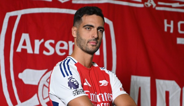 LONDON COLNEY, ENGLAND - AUGUST 27: Arsenal unveil new signing Mikel Merino at Sobha Realty Training Centre on August 27, 2024 in London Colney, England. (Photo by Stuart MacFarlane/Arsenal FC via Getty Images)