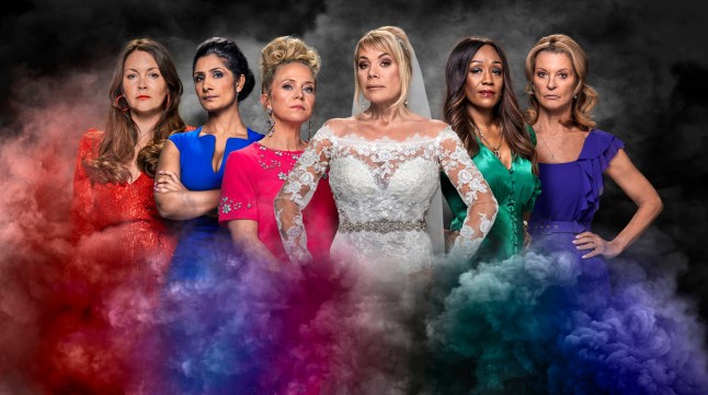 Stacey Slater, Suki Panesar, Linda Carter, Sharon Watts, Denise Fox and Kathy Beale in EastEnders as 'The Six', surrounded by colourful smoke