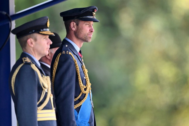 SLEAFORD, ENGLAND - SEPTEMBER 12: Prince William, Prince of Wales attends the Sovereign's Parade on behalf of King Charles III at the Royal Air Force College in Cranwell on September 12, 2024 in Sleaford, England. The parade will feature 48 Royal Air Force cadets and 4 international officer cadets from Jordan, Kenya, Pakistan, and Uganda, graduating from the commissioned warrant officers course and modular initial officer training. (Photo by Samir Hussein/WireImage)