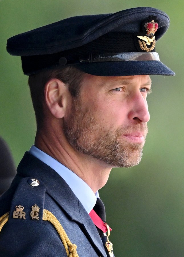 SLEAFORD, ENGLAND - SEPTEMBER 12: Prince William, Prince of Wales attends the Sovereign's Parade on behalf of King Charles III at the Royal Air Force College in Cranwell on September 12, 2024 in Sleaford, England. The parade will feature 48 Royal Air Force cadets and 4 international officer cadets from Jordan, Kenya, Pakistan, and Uganda, graduating from the commissioned warrant officers course and modular initial officer training. (Photo by Samir Hussein/WireImage)