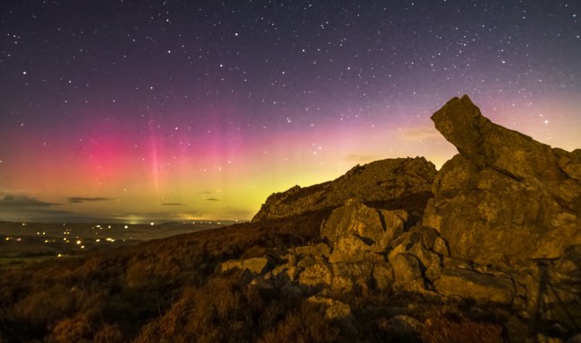 Aurora borealis (Northern Lights) at Diamond Rock at Stiperstones, a distinctive hill in Shropshire on Thursday (12 Sep) evening. The quartzite rock of the ridge formed some 480 million years ago.