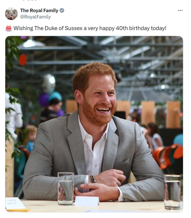 Screen grab taken from the X (formerly Twitter) account of The Royal Family of the Duke of Sussex who is celebrating his 40th birthday. Harry is spending his milestone birthday on Sunday with Meghan and their children Prince Archie and Princess Lilibet. He is then said to be heading away for a gathering with close friends internationally, People magazine reported. Issue date: Sunday September 15, 2024. PA Photo. See PA story ROYAL Harry. Photo credit should read: @RoyalFamily/PA Wire NOTE TO EDITORS: This handout photo may only be used in for editorial reporting purposes for the contemporaneous illustration of events, things or the people in the image or facts mentioned in the caption. Reuse of the picture may require further permission from the copyright holder.