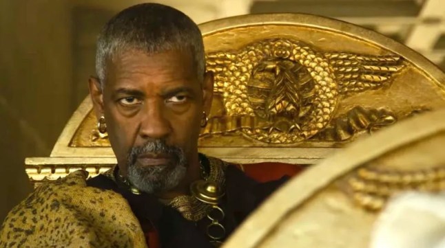 Denzel Washington sits in gold carraige with murderous look on his face in Gladiator 2