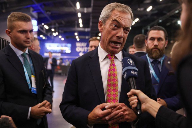 Reform UK party leader Nigel Farage speaks to the media at the Britain's Reform UK party's national conference in Birmingham, Britain, September 20, 2024. REUTERS/Hollie Adams