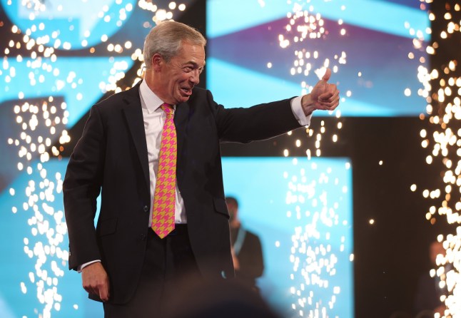 epa11616095 Reform UK Leader Nigel Farage gestures following his speech at the Reform UK National Conference in Birmingham, Britain, 20 September 2024. The Reform UK party gained 5 seats in the House of Commons after winning 14 percent of the vote in the July 2024 general election, positioning them in third place behind the Labour and Conservative parties. The Reform UK 2024 National Conference takes place on 20 and 21 September at the National Exhibition Centre (NEC) in Birmingham. EPA/ADAM VAUGHAN