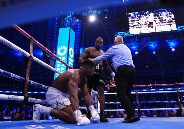 Daniel Dubois (centre) knocks down Anthony Joshua in the IBF World Heavy weight bout at Wembley Stadium, London. Picture date: Saturday September 21, 2024. PA Photo. See PA story BOXING London. Photo credit should read: Bradley Collyer/PA Wire. RESTRICTIONS: Use subject to restrictions. Editorial use only, no commercial use without prior consent from rights holder.