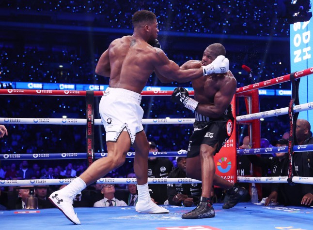 LONDON, ENGLAND - SEPTEMBER 21: Daniel Dubois knocks out Anthony Joshua during the IBF World Heavyweight Title fight between Daniel Dubois and Anthony Joshua, on the Riyadh Season - Wembley Edition card at Wembley Stadium on September 21, 2024 in London, England. (Photo by Richard Pelham/Getty Images)