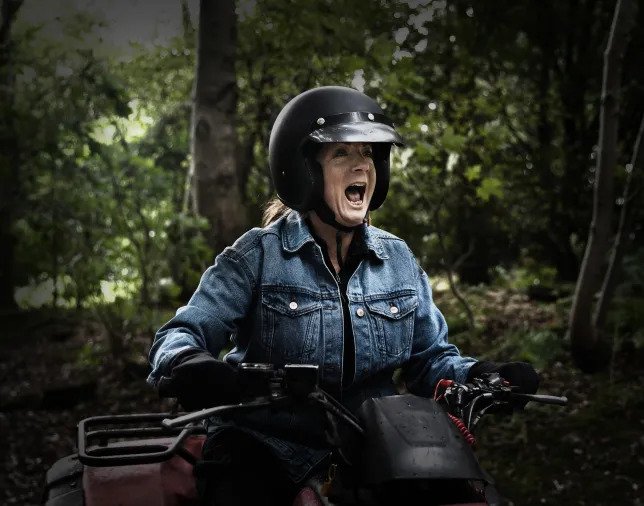 Harriet screaming while riding a quad bike in Emmerdale