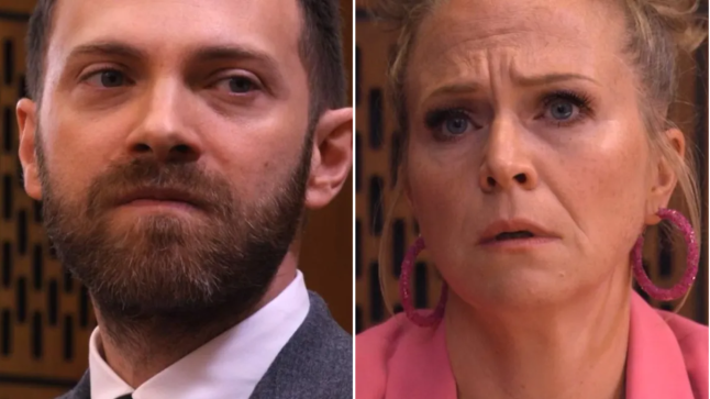 Dean Wicks scowls and Linda Carter looks distressed in court in EastEnders