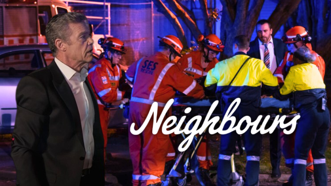 Paul Robinson watches a car crash in Neighbours