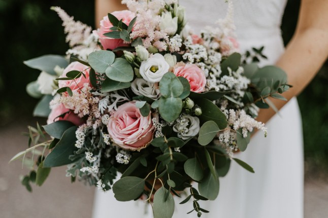 Bridal Bouquet with pink roses and eucalyptus