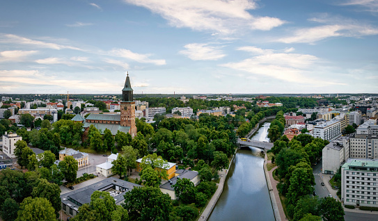 Finland Turku Aura River and Turku Cathedral Aerial View in Summer