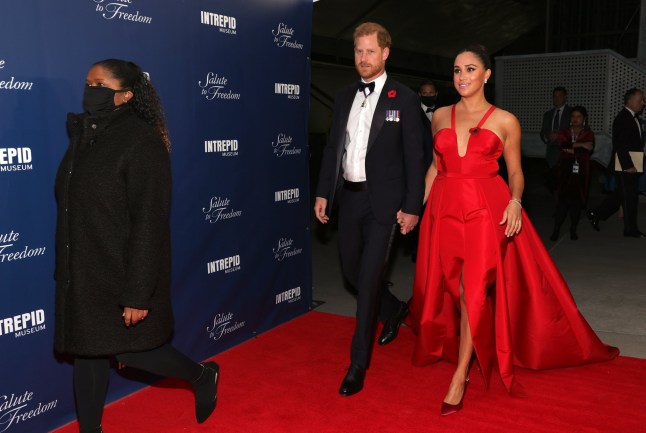 NEW YORK, NEW YORK - NOVEMBER 10: Prince Harry, Duke of Sussex and Meghan, Duchess of Sussex attend the 2021 Salute To Freedom Gala at Intrepid Sea-Air-Space Museum on November 10, 2021 in New York City. (Photo by Dia Dipasupil/Getty Images)