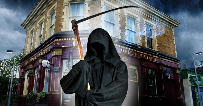 Grim reaper in front of the Queen Vic under a stormy sky in EastEnders