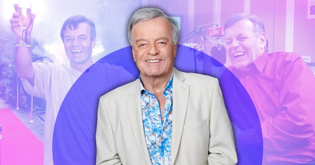 Tony Blackburn in a light grey blazer and patterned shirt, with faded images of him in the background