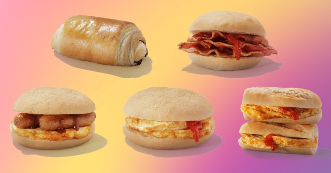 Food from the Greggs breakfast menu on a pink and yellow background