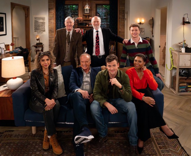 The Frasier cast pose together in a living room