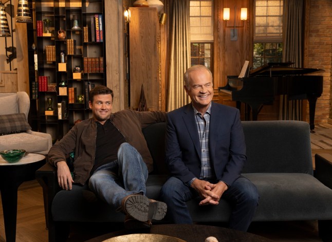 This image released by Paramount+ shows Jack Cutmore-Scott as Freddy Crane, left, and Kelsey Grammer as Frasier Crane in a scene from "Frasier." (Pamela Littky/Paramount+ via AP)