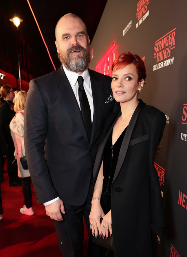 LONDON, ENGLAND - DECEMBER 14: David Harbour (L) and Lily Allen attend the press night performance of "Stranger Things: The First Shadow" at The Phoenix Theatre on December 14, 2023 in London, England. (Photo by Max Cisotti/Dave Benett/Getty Images)