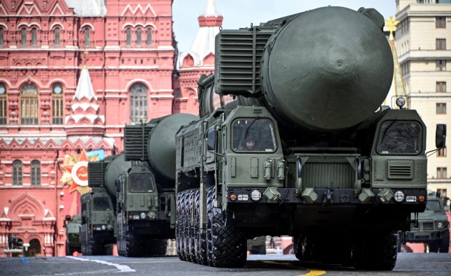 (FILES) Russian Yars intercontinental ballistic missile launchers roll on Red Square during the Victory Day military parade in central Moscow on May 9, 2024. Russian President Vladimir Putin on September 25, 2024 called for changes to rules on the use of Russia's nuclear deterrent, a move that could affect Moscow's approach to the current conflict in Ukraine on September 25, 2024. (Photo by Alexander NEMENOV / AFP) (Photo by ALEXANDER NEMENOV/AFP via Getty Images)