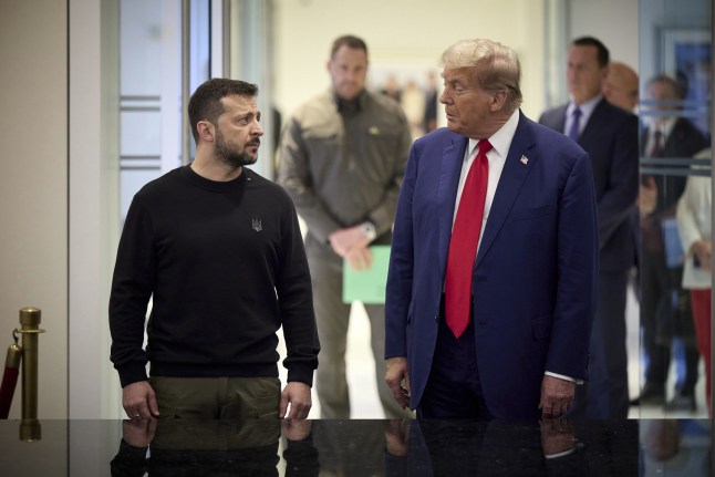 Mandatory Credit: Photo by Ukraine Presidency/Planet Pix via ZUMA Press Wire/Shutterstock (14744768e) Former U.S President Donald Trump, right, responds to a question during an impromptu press conference with Ukrainian President Volodymyr Zelenskyy, left, at Trump Tower, September 27, 2024 in New York City, New York. Donald Trump and Volodymyr Zelenskyy Meet In New York, USA - 27 Sep 2024