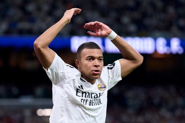 MADRID, SPAIN - OCTOBER 05: Kylian Mbappe of Real Madrid CF reacts during the LaLiga match between Real Madrid CF and Villarreal CF at Estadio Santiago Bernabeu on October 05, 2024 in Madrid, Spain. (Photo by Diego Souto/Getty Images)