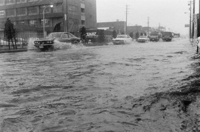 NAGOYA, JAPAN - OCTOBER 19: Cars run on a flooded road as Typhoon Tip hits on October 19, 1979 in Nagoya, Aichi, Japan. (Photo by The Asahi Shimbun via Getty Images)