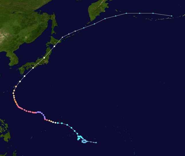 Track map of Typhoon Tip of the 1979 Pacific typhoon season. The points show the location of the storm at 6-hour intervals. The colour represents the storm's maximum sustained wind speeds as classified in the (see below), and the shape of the data points represent the nature of the storm