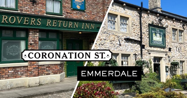 Coronation Street and Emmerdale logos in front of the Rovers and the Woolpack