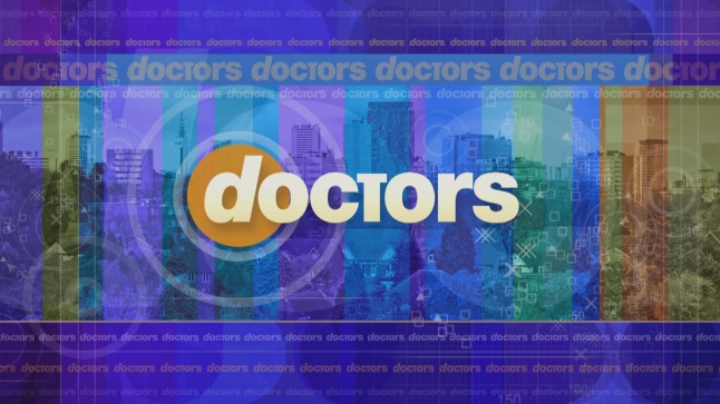 BBC Doctors logo, with the word 'doctors' written in white writing in a purple, blue and green background