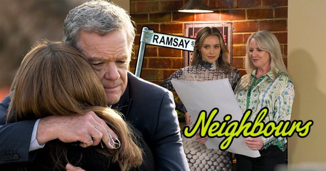 Neighbours comp showing Melanie and Krista watching Paul hug Terese