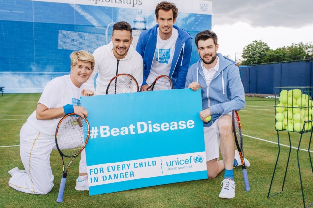 Mandatory Credit: Photo by Unicef/Tom Dymond/REX/Shutterstock (4848385d) Clare Balding, Liam Payne, Andy Murray and Jack Whitehall Unicef UK's Children in Danger Summer Disease Appeal sketch, The Queen's Club, London, Britain - 15 Jun 2015 Andy Murray, Liam Payne, Jack Whitehall and Clare Balding came together to film a short sketch for Unicef UK's Children in Danger Summer Disease Appeal, which is raising awareness and vital funds for children in danger of disease