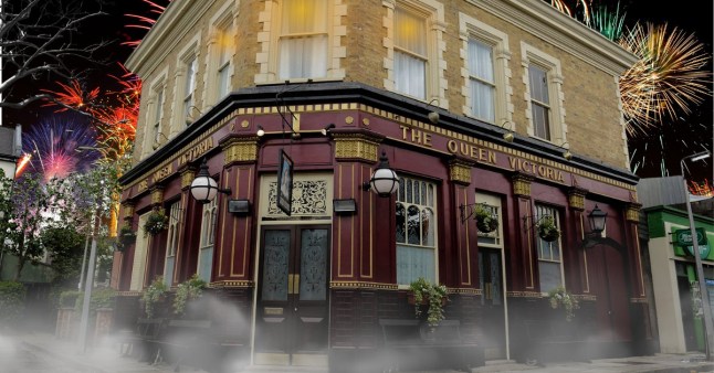 The Queen Vic in EastEnders surrounded by fireworks and smoke