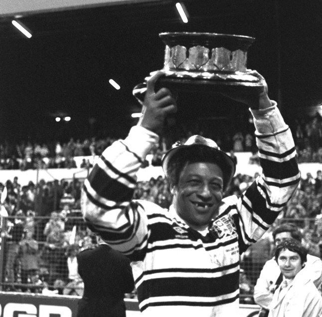 HHB766 Veteran winger Clive Sullivan, brought into the Hull team at the last moment, holds the Rugby League Challenge Cup after defeating Widnes in the replay at Elland Road, Leeds.