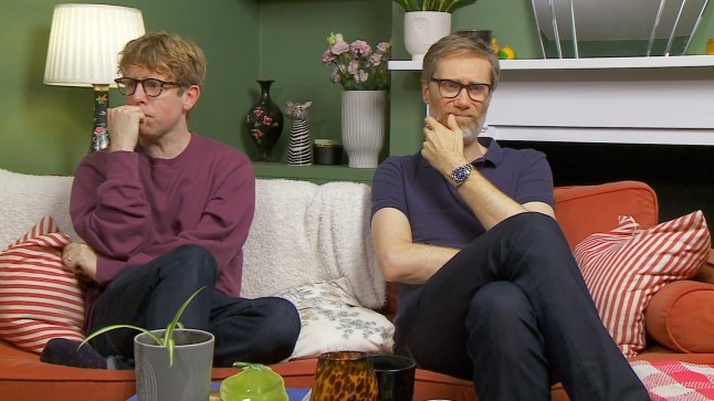 Josh Widdicombe and Stephen Merchant upset as they sit on couch in googlebox