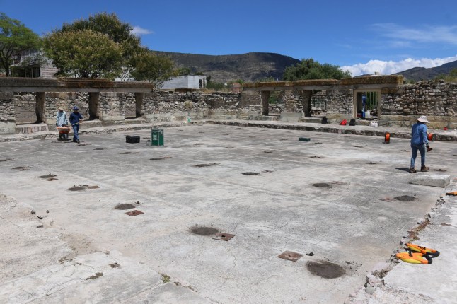 MITLA, OAXACA, MEXICO Photo shows researchers probing the ruins at Mitla. Ancient tunnels believed to be the ?entrance to the underworld? have been found penetrating deep into the earth beneath a centuries-old church (Credit: Marco Vigato/ARX Project via Pen News) (Pen News ?25, ?15, ?10 online) (Contact editor@pennews.co.uk/07595759112)