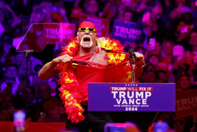 Mandatory Credit: Photo by John Angelillo/UPI/Shutterstock (14828052n) American retired professional wrestler Hulk Hogan arrives to speak before President Donald J. Trump speaks at a rally at Madison Square Garden in New York City on Sunday, October 27, 2024. Trump' Rally at Madison Square Garden in New York City, United States - 27 Oct 2024