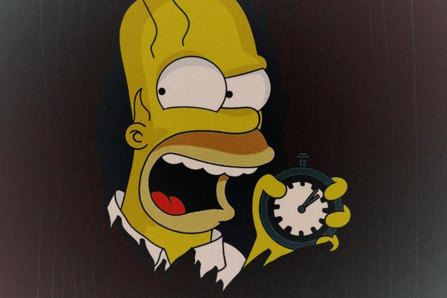 Homer Simpson looking maniacal in The Simpsons: Treehouse of Horror V Halloween episode, holding a stop watch