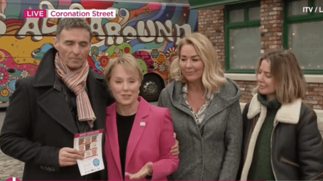 Marti Pellow and Coronation Street actresses Sally Dynevor, Claire Sweeney and Sally Carman standing on the soap's set