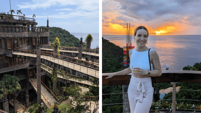 A view of the bridges connecting the award-winning Jade Mountain hotel in St Lucia (L) and a brunette woman standing in front of a sunset (R)