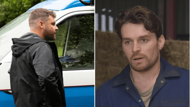 Aaron Dingle outside John Sugden's van and Mack Boyd looking worried in a barn in Emmerdale