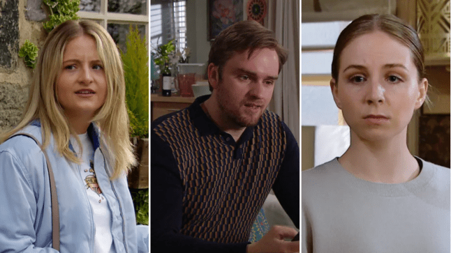 Amelia Spencer outside in the village, Tom King inside Dale Head and Belle Dingle in the pub back room in Emmerdale