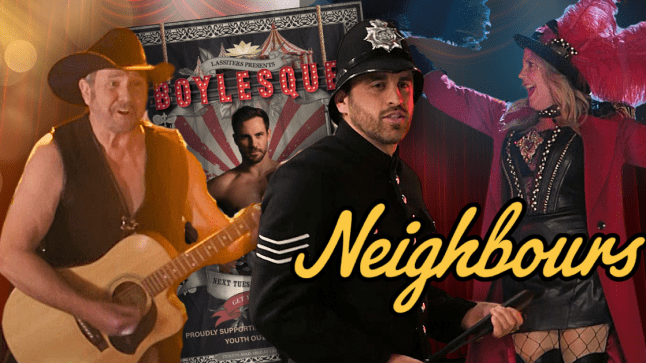 Neighbours comp for episodes w/c 21st October; Karl Kennedy, Andrew Rodwell and Melanie Pearson on stage for the Boylesque event with the poster featuring Aaron Brennan behind them