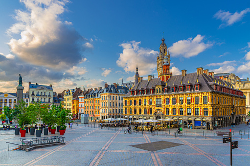 Lille cityscape, La Grand Place square in city center, Flemish mannerist architecture style buildings, Vieille Bourse and bell tower Chamber of Commerce, French Flanders, Nord department, France