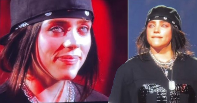 Compilation image of Billie Eilish looking emotional on stage after 2024 US election result