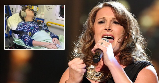 X Factor winner Sam Bailey and a picture of her son lying in a bed seemingly in an ambulance